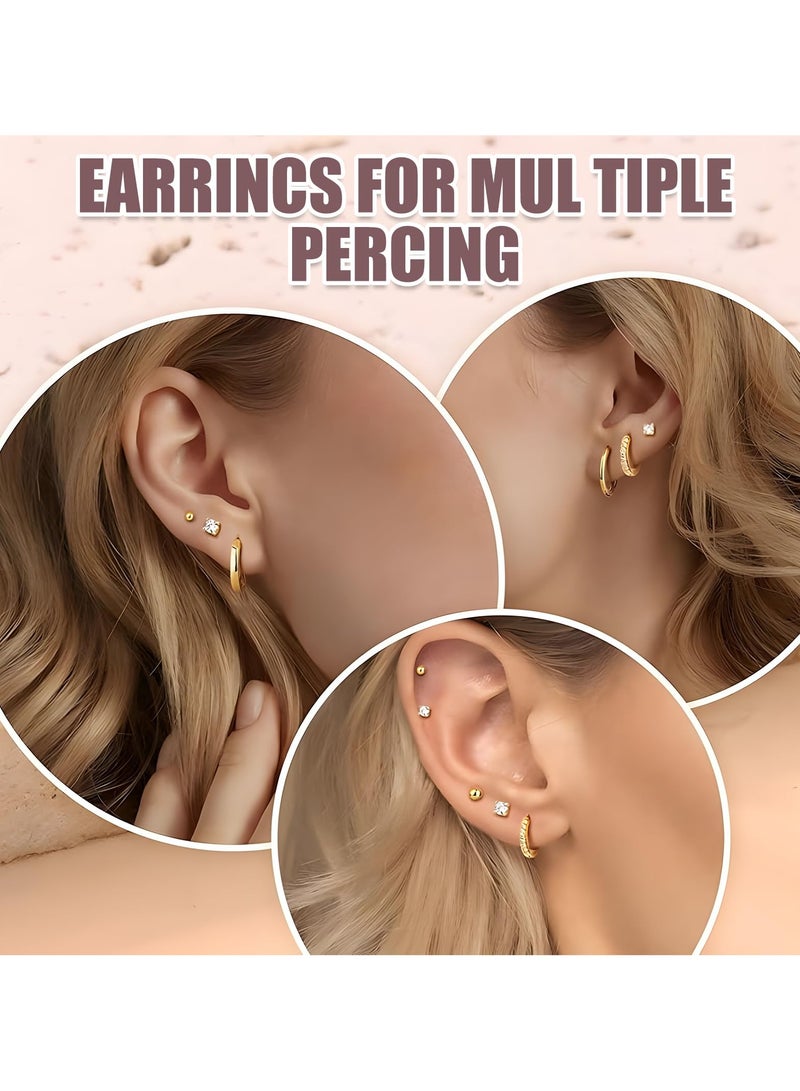 غنافوتو 9 أزواج أقراط ذهبية للنساء - طقم أقراط من الفولاذ الجراحي 316L من الفولاذ المضاد للحساسية وأقراط مرصعة وعناق لثقب الغضروف والزنبقة - Image 5