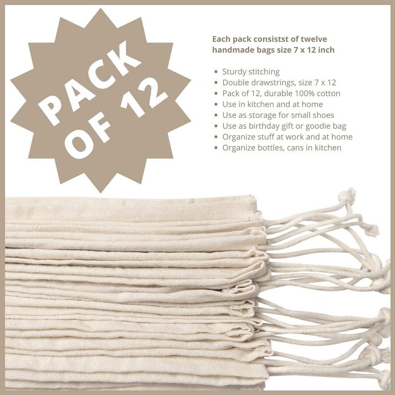 DR 100 Percent Cotton Muslin Drawstring Bags 12-Pack For Storage Pantry Gifts - Unbleached (7 x 12 inch, Beige) - Image 3