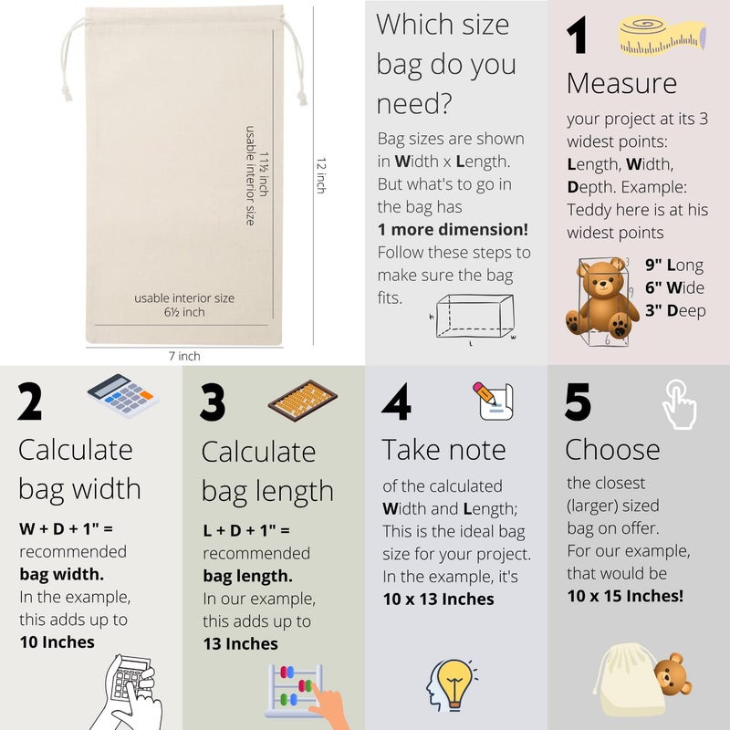 DR 100 Percent Cotton Muslin Drawstring Bags 12-Pack For Storage Pantry Gifts - Unbleached (7 x 12 inch, Beige) - Image 2