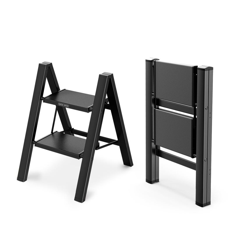 WOA WOA Step Ladder, Folding Step Stool with Widening Pedals, Portable Lightweight Home Ladder, Kitchen Stepladder, Easy to Store, Space Save 300 lbs Capacity (2 Step, Black) - Image 1