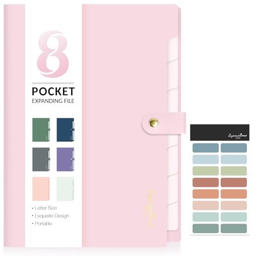 Sooez Elegant Accordion File Organizer with Labels 8 Pocket Expanding File Folder Portable Folders for Documents Cute Paper Organizer for School Office Supplies Letter Size Blush - Image 1