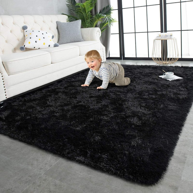 TWINNIS Super Soft Shaggy Rugs Fluffy Carpets5x7 Feet Indoor Modern Plush Area Rugs for Living Room Bedroom Kids Room Nursery Home Decor Upgrade AntiSkid Rectangular Fuzzy Rug Black