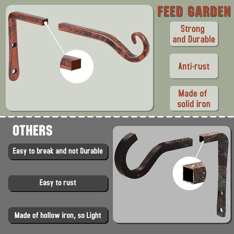 FEED GARDEN 2 Pack 10 Inch Hanging Plant Bracket Wall Hooks Decorative Plant Hangers for Outdoor Hanging Bird Feeders, Wind Chimes, Plant Baskets, Antique Bronze - Image 4