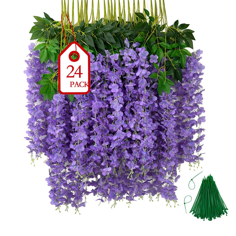 BIRDDIE 24Pcs of Artificial Wisteria Hanging Flowers, 3.75 Feet Fake Wisteria Flower Strings for Backdrop, Wedding, Ceremony,Garden and Home Wall Decoration (Light Purple) - Image 1
