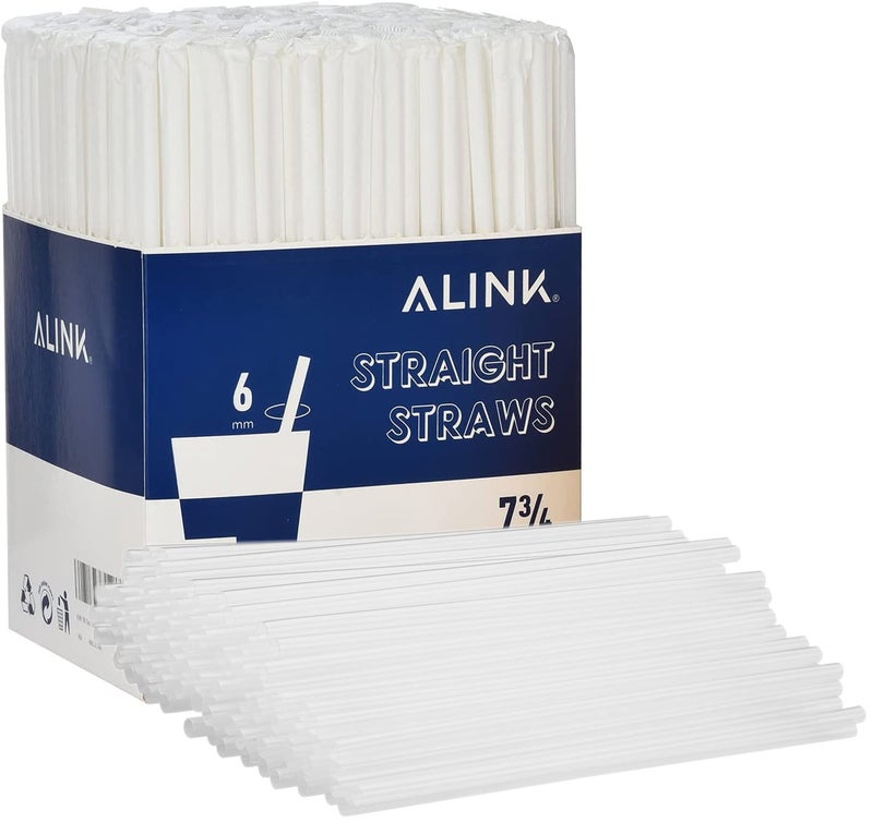 ALINK 500-Pack Clear Plastic Drinking Straws  Individually Wrapped Plastic Disposable Straight Party Straws - 7.75"" x 0.23"" - Image 1