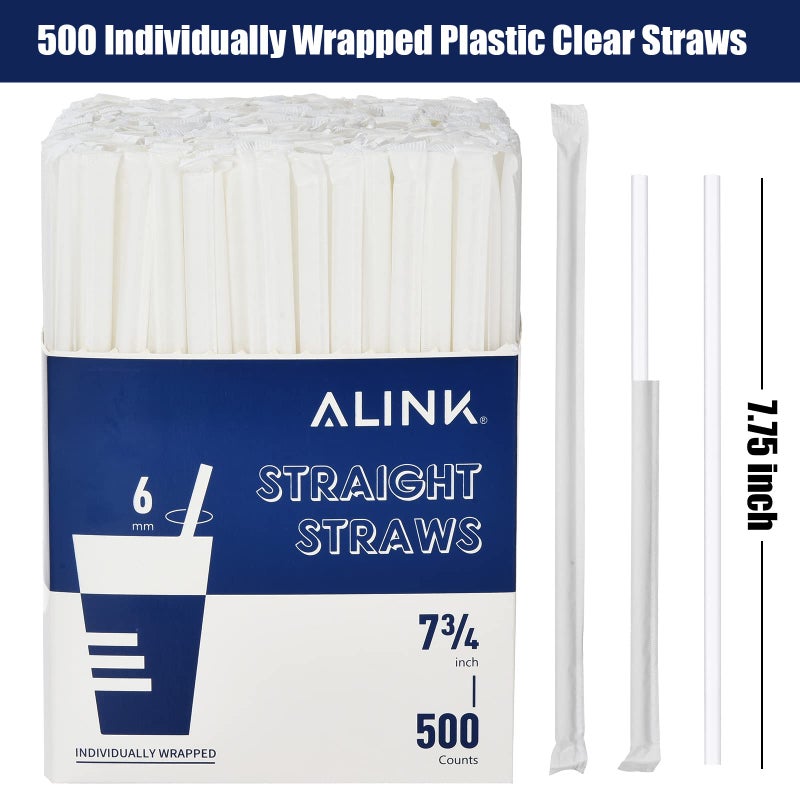 ALINK 500-Pack Clear Plastic Drinking Straws  Individually Wrapped Plastic Disposable Straight Party Straws - 7.75"" x 0.23"" - Image 2