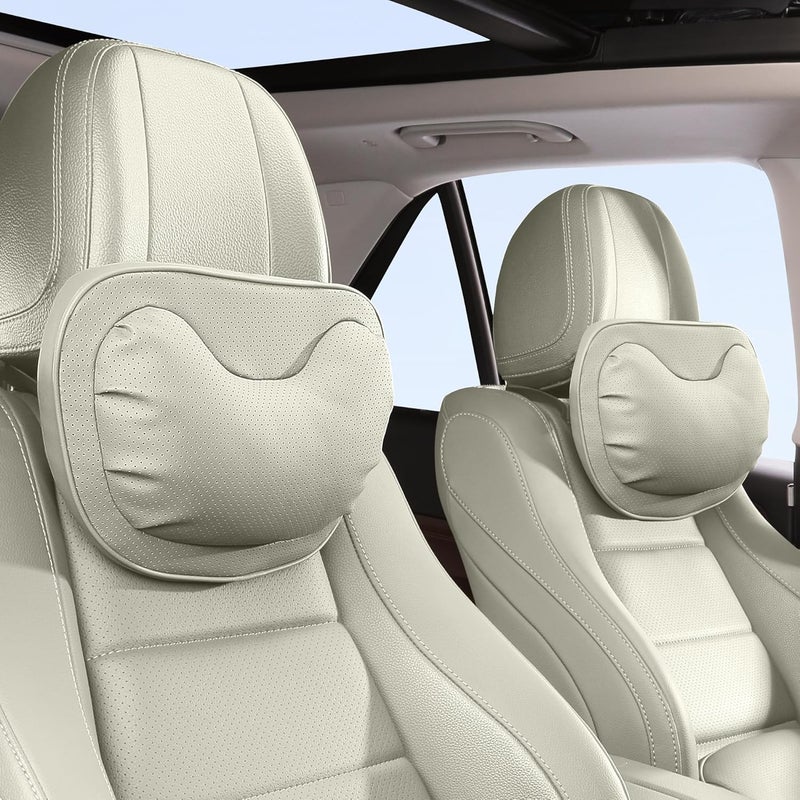 Dapucarin Car Neck Pillow - Soft Comfortable Premium Leather Headrest with Adjustable Strap, Ergonomic Support for Driving, Office & Gaming, Off White (Light Gray), 2 Pack - Image 1