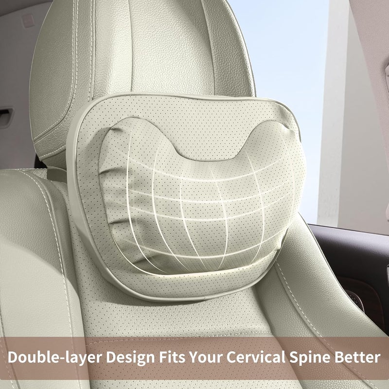 Dapucarin Car Neck Pillow - Soft Comfortable Premium Leather Headrest with Adjustable Strap, Ergonomic Support for Driving, Office & Gaming, Off White (Light Gray), 2 Pack - Image 3