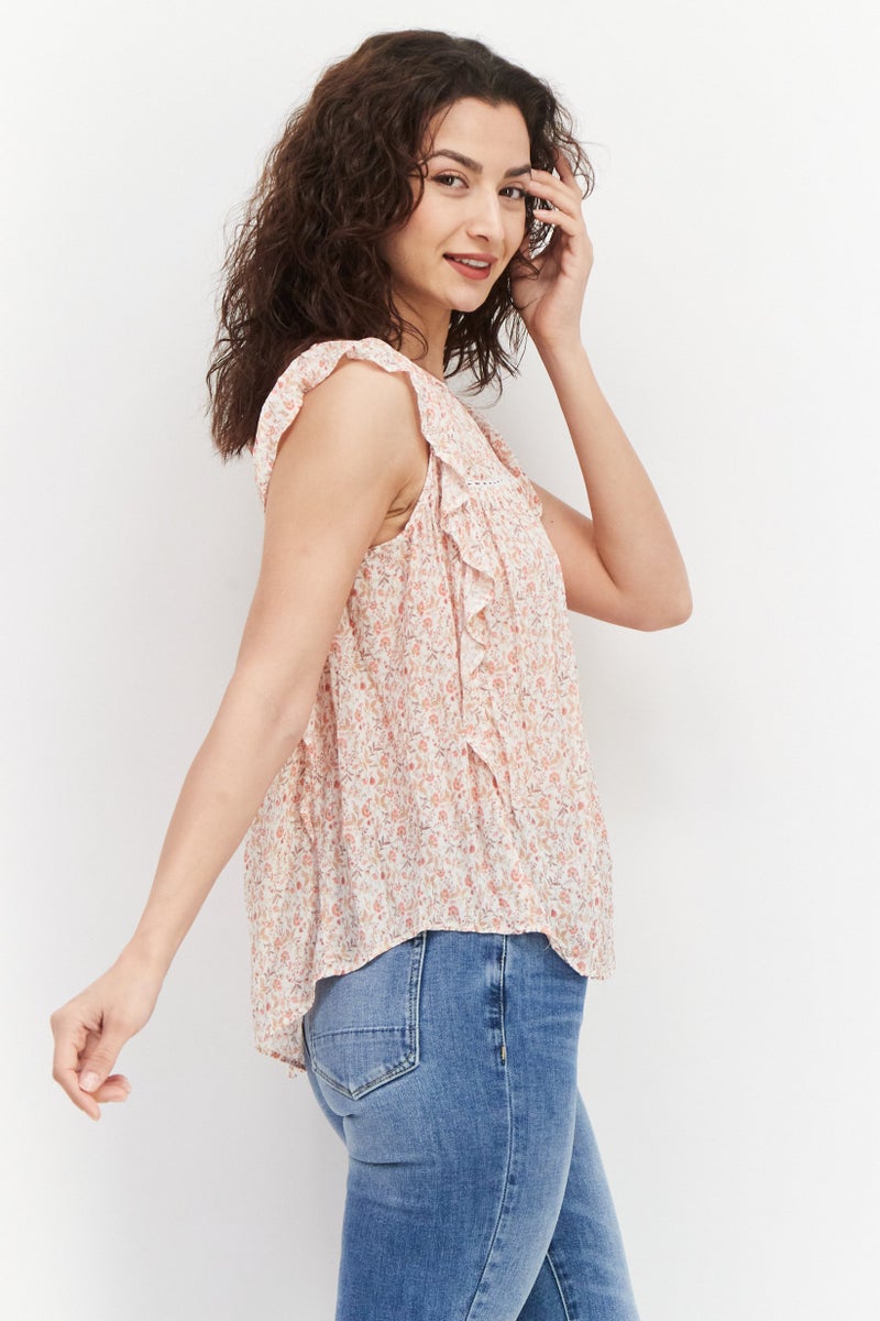 Gentle Fawn Women Round Neck Flutter Sleeves Floral Printed Top, Pink Combo  - Image 3