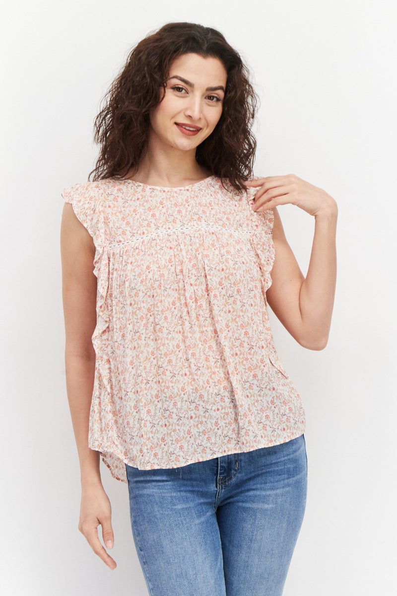 Gentle Fawn Women Round Neck Flutter Sleeves Floral Printed Top, Pink Combo  - Image 1