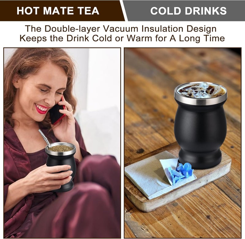 Husfunov 8oz Yerba Mate Cup, 304 Stainless Steel Double-Wall Mate Cup, Heat Insulation Yerba Mate Gourd, Tea Cup Set Includes Cleaning Brush & 2 Bombillas (Black) - Image 4