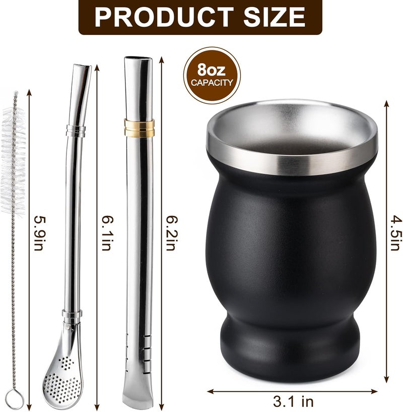 Husfunov 8oz Yerba Mate Cup, 304 Stainless Steel Double-Wall Mate Cup, Heat Insulation Yerba Mate Gourd, Tea Cup Set Includes Cleaning Brush & 2 Bombillas (Black) - Image 2