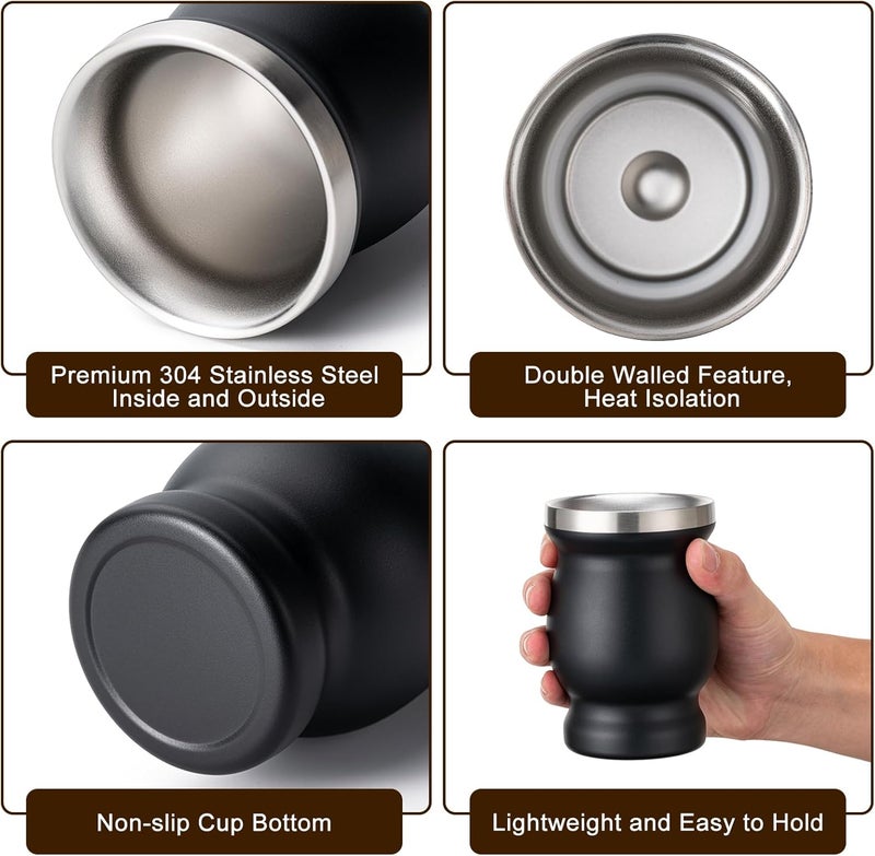 Husfunov 8oz Yerba Mate Cup, 304 Stainless Steel Double-Wall Mate Cup, Heat Insulation Yerba Mate Gourd, Tea Cup Set Includes Cleaning Brush & 2 Bombillas (Black) - Image 3