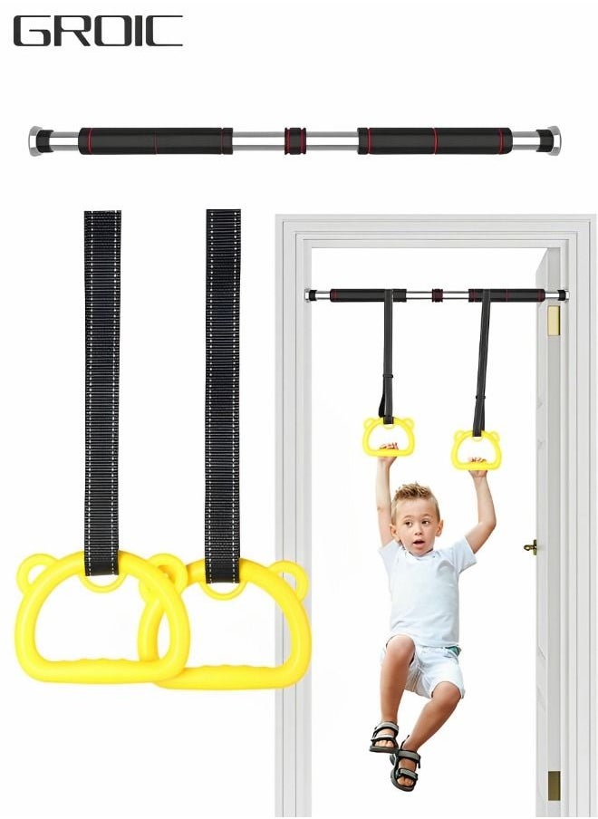 GROIC Pull Up Bar Chin Up Bar, Adjustable 60~100 CM Door Horizontal Bars with Kids Gymnastic Rings Pull up Rings for Home Workout Gym Training Workout Bar Sport Fitness  - Image 1