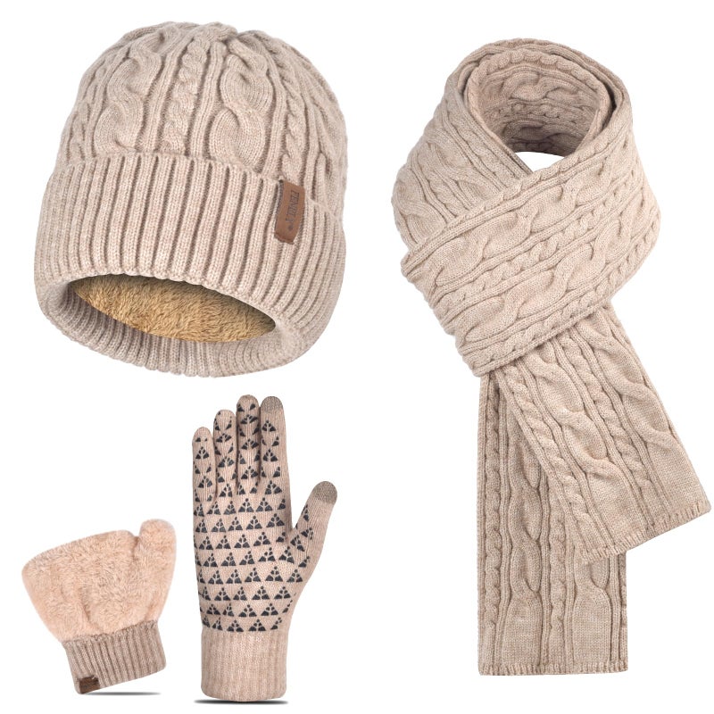 FENELY Beanie Hat Gloves Scarf Set for Men Winter Warm Knit Knitted Neck Warmer Touchscreen Glove Cap 3 in 1 Khaki Thermal Fleece Wool Lined for Cold Weather Snow - Image 1