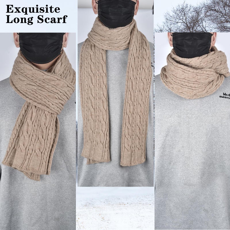 FENELY Beanie Hat Gloves Scarf Set for Men Winter Warm Knit Knitted Neck Warmer Touchscreen Glove Cap 3 in 1 Khaki Thermal Fleece Wool Lined for Cold Weather Snow - Image 5