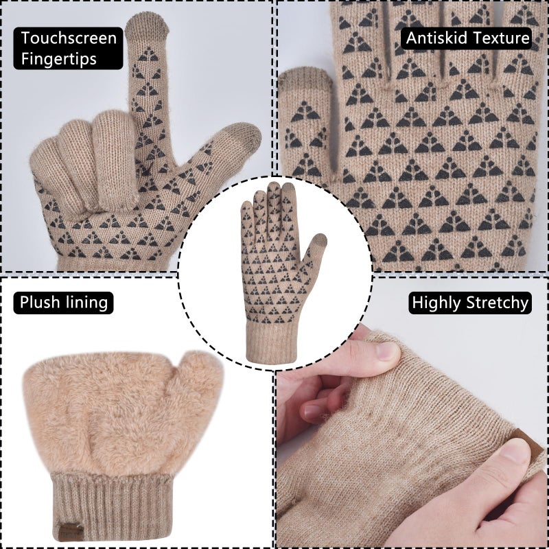 FENELY Beanie Hat Gloves Scarf Set for Men Winter Warm Knit Knitted Neck Warmer Touchscreen Glove Cap 3 in 1 Khaki Thermal Fleece Wool Lined for Cold Weather Snow - Image 4