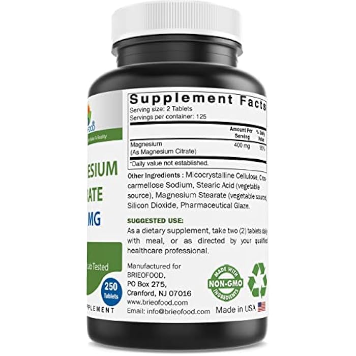 Brieofood Magnesium Citrate 400 mg (Elemental Mg) per Serving - 250 Tablets - Muscle Relaxation (Citrato de Magnesio) - Image 2