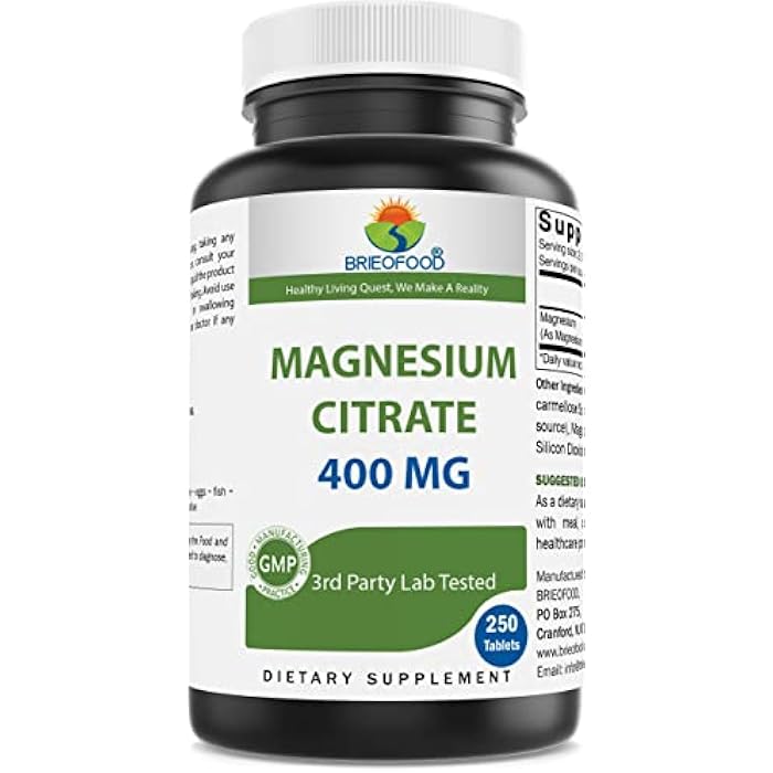 Brieofood Magnesium Citrate 400 mg (Elemental Mg) per Serving - 250 Tablets - Muscle Relaxation (Citrato de Magnesio) - Image 1