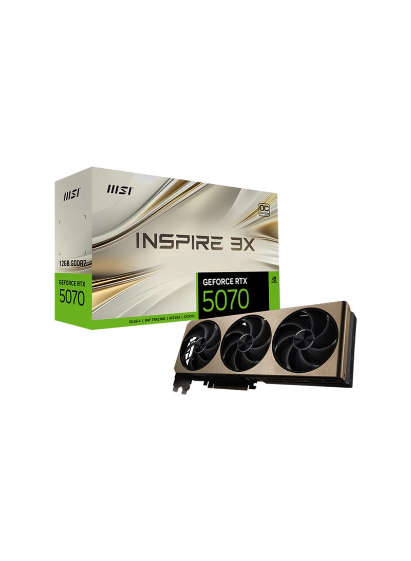 MSI GeForce RTX™ 5070 12GB INSPIRE 3X OC Graphics Card, NVIDIA® GeForce RTX™ 5070, PCIe Gen 5, 2557 MHz Extreme Performance, 6144 CUDA Cores, 28 Gbps Memory Speed, 12GB GDDR7, 192-bit Memory Bus, DisplayPort x 3, HDMI™ 2.1b, 7680 x 4320 Max Resolution, HDCP Support, 250W Power Consumption, G-SYNC® Technology, DirectX 12 Ultimate, OpenGL 4.6, 4 Displays Support Brown - Image 1