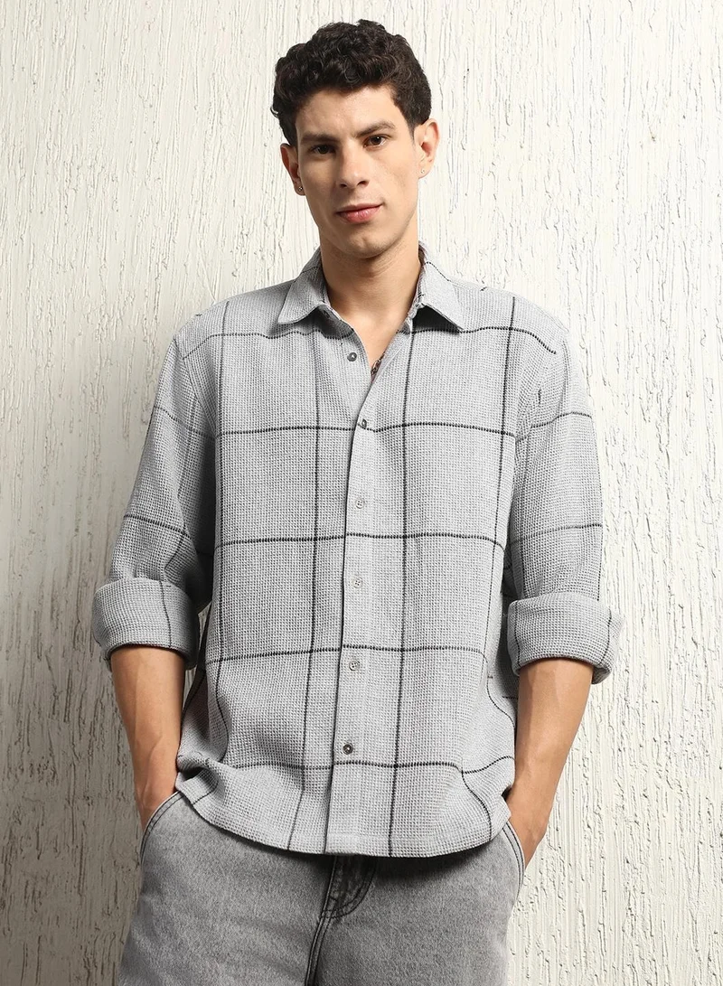 Hubberholme Oversized Grey Check Shirt for Men, Spread Collar, Full Sleeve, Waffle Weave, Double Pocket