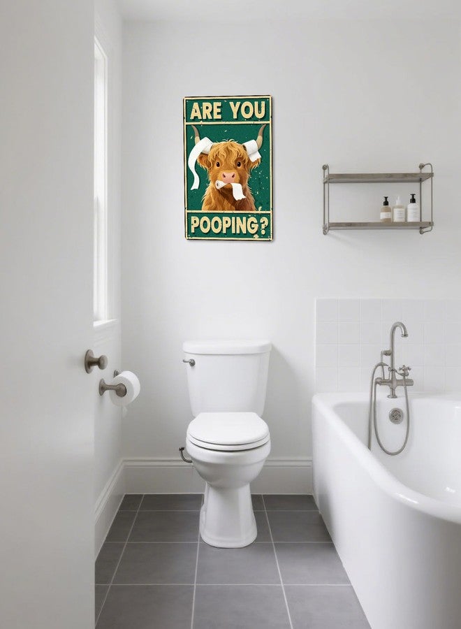 Miggley Vintage Highland Cow Wall Art - Funny Bathroom Decor Poster, "Are You Pooping" 8x12 Inch Metal Wall Sign for Western & Highland Cow Lovers - Image 2