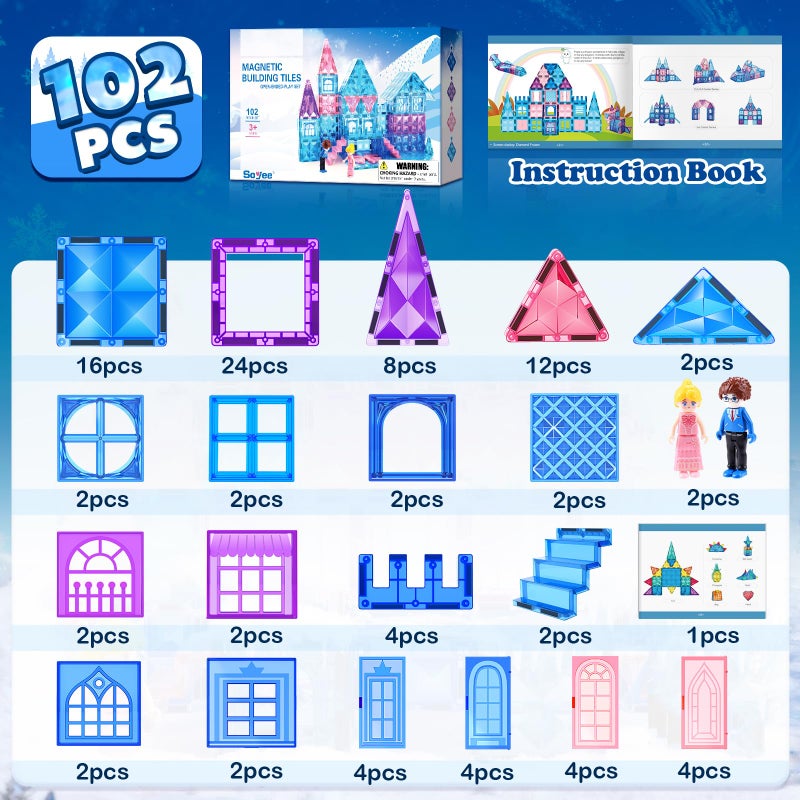 Soyee Magnetic Tiles 102pcs with 2 Stairs 2 Dolls Princess Castle Building Girls Toys Age 45 68 Magnetic Blocks Birthday Xmas Gifts for Girls Toys for 3 4 5 6 7 8 Year Old - Image 3