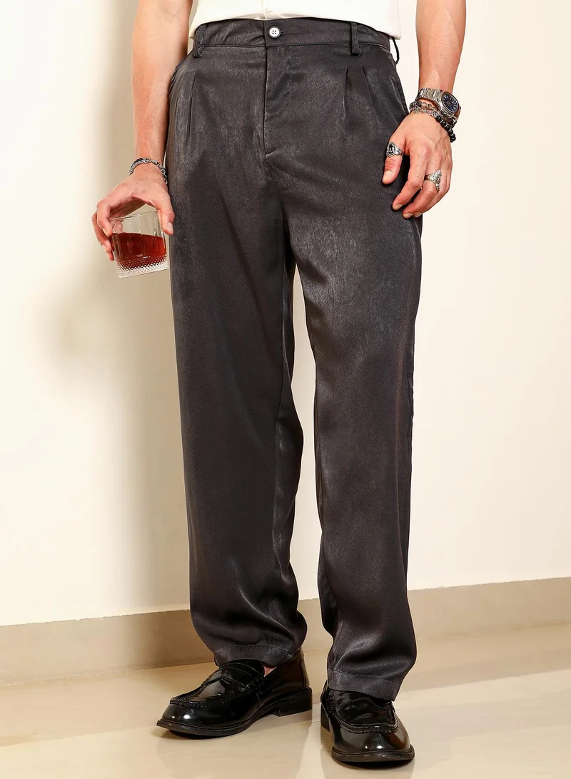 Campus Sutra Campus Sutra Men's Midnight Black Foil Pleated Straight-Fit Trousers | Pleated Front Mid-Rise Tailored Fit | Cotton Blend Spandex Wrinkle-Resistant Fabric | Versatile Office & Casual Wear