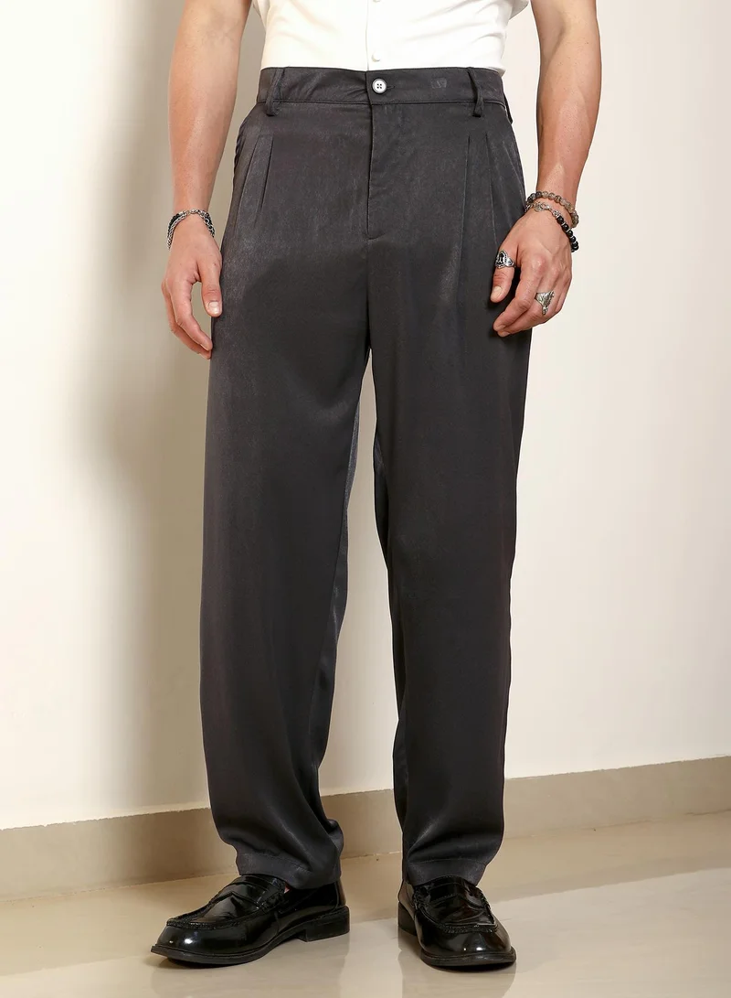 Campus Sutra Campus Sutra Men's Midnight Black Foil Pleated Straight-Fit Trousers | Pleated Front Mid-Rise Tailored Fit | Cotton Blend Spandex Wrinkle-Resistant Fabric | Versatile Office & Casual Wear