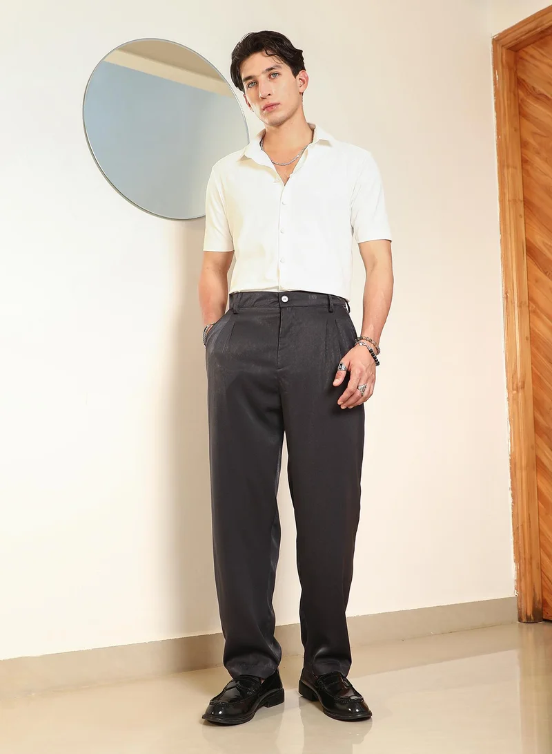 Campus Sutra Campus Sutra Men's Midnight Black Foil Pleated Straight-Fit Trousers | Pleated Front Mid-Rise Tailored Fit | Cotton Blend Spandex Wrinkle-Resistant Fabric | Versatile Office & Casual Wear