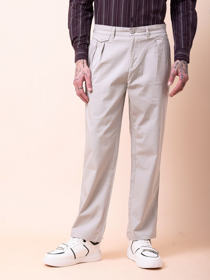 British Club Men Cream Double-Pleated Straight Fit Trousers - Image 1