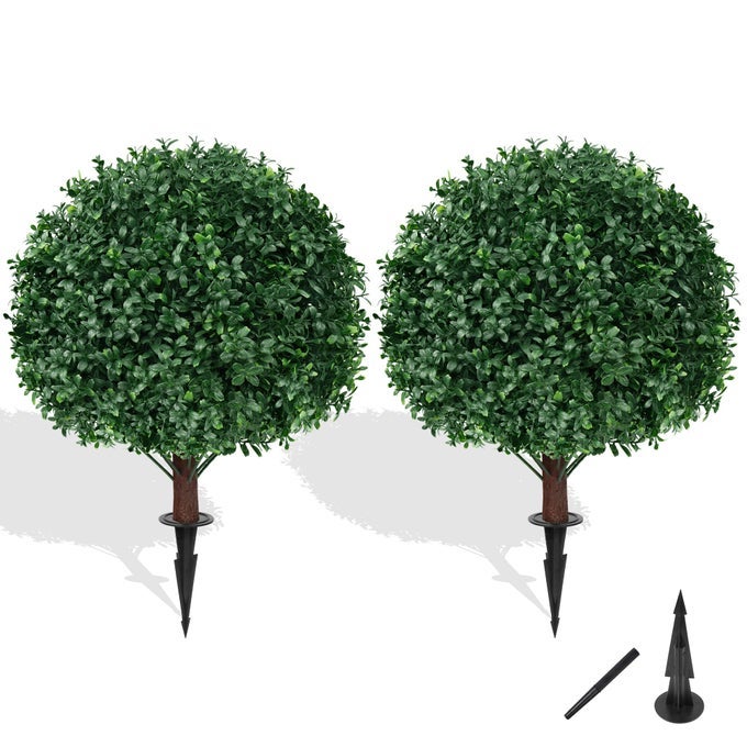 ARTIFICIAL BOXWOOD TOPIARY BALL TREE WITH GROUND SPIKE SET OF 2 ARTIFICIAL SHRUB BUSHES FAKE EVERGREEN TREE FOR PORCH ARTIFICIAL PLANTS FOR OUTDOOR PLANTERS INDOOR UV RESISTANT