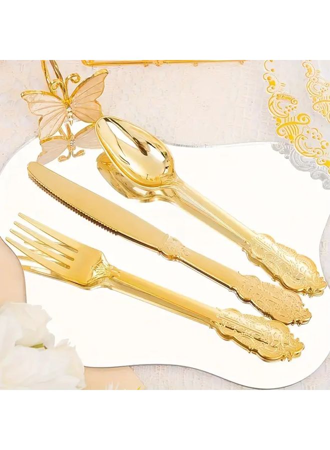 150pcs Gold Flatware Set with Vintage Floral Handle for Wedding Party Family Gathering - Image 1