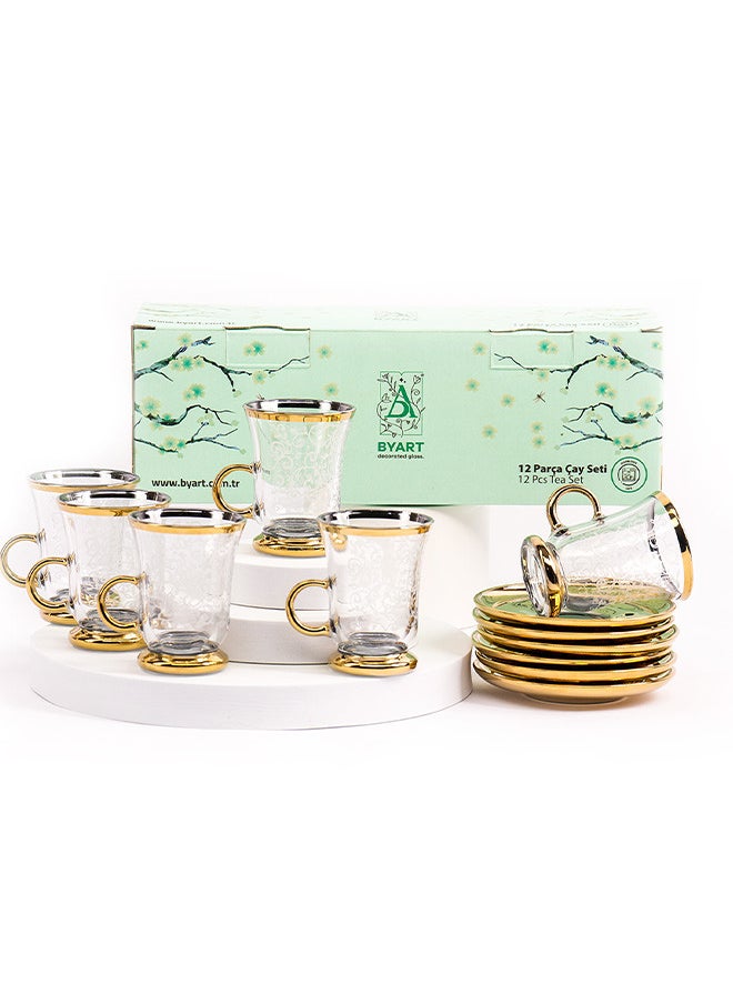 BYART - 12Piece Tea Set Made of Glass With Golden Edges on the Top and Bottom, Made in Turkey - Image 1