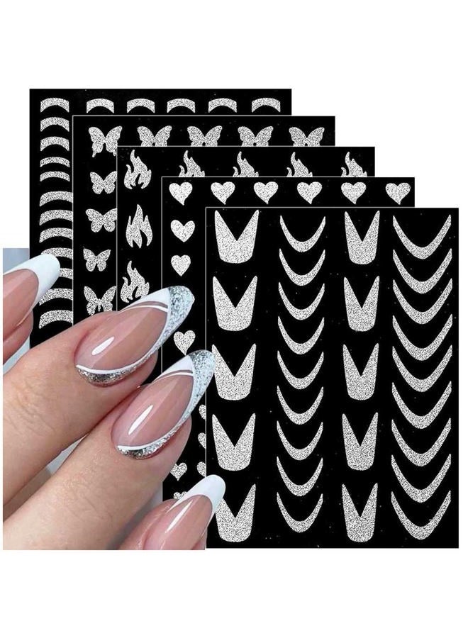 Dornail 10 Sheets Glitter Silver French Tip Nail Stickers 3D Metallic Curve Stripe Lines Heart Star Flame Butterfly Nail Decals Self Adhesive Nail Art Stickers DIY Nail Design Nail Art Decoration - Image 1