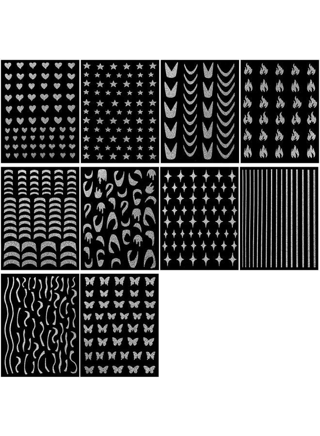 Dornail 10 Sheets Glitter Silver French Tip Nail Stickers 3D Metallic Curve Stripe Lines Heart Star Flame Butterfly Nail Decals Self Adhesive Nail Art Stickers DIY Nail Design Nail Art Decoration - Image 2
