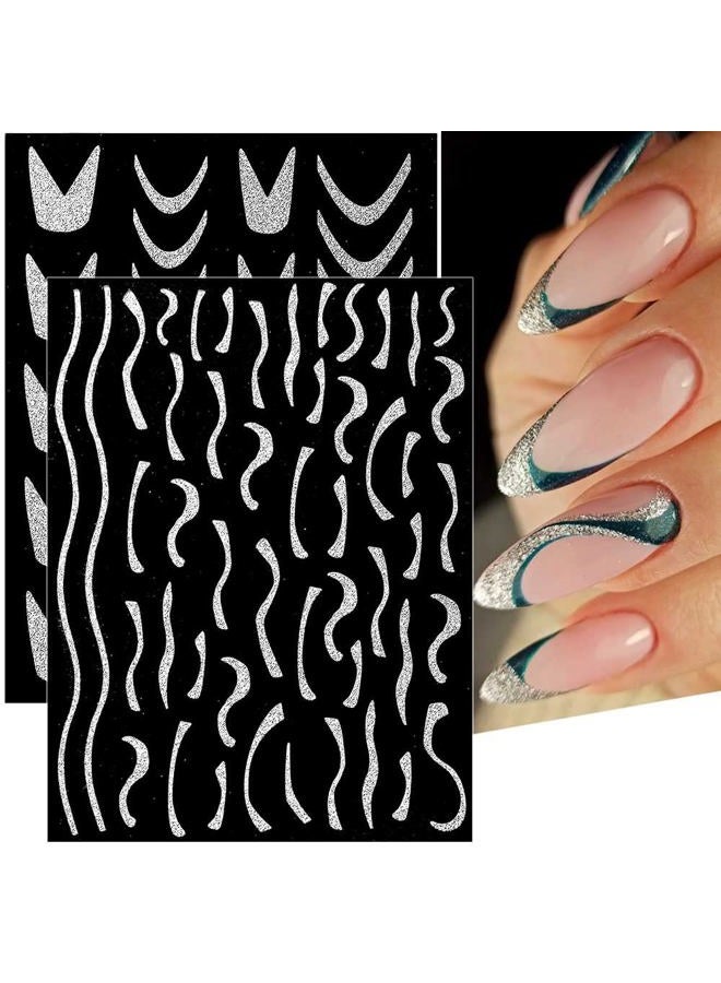 Dornail 10 Sheets Glitter Silver French Tip Nail Stickers 3D Metallic Curve Stripe Lines Heart Star Flame Butterfly Nail Decals Self Adhesive Nail Art Stickers DIY Nail Design Nail Art Decoration - Image 3