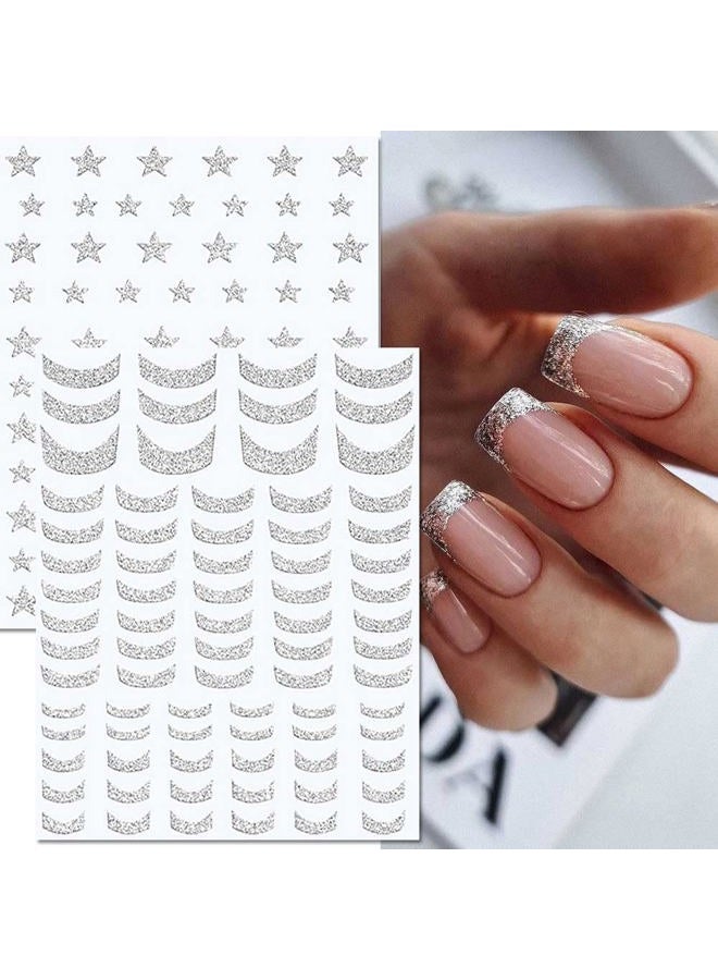 Dornail 10 Sheets Glitter Silver French Tip Nail Stickers 3D Metallic Curve Stripe Lines Heart Star Flame Butterfly Nail Decals Self Adhesive Nail Art Stickers DIY Nail Design Nail Art Decoration - Image 4