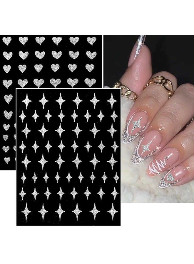 Dornail 10 Sheets Glitter Silver French Tip Nail Stickers 3D Metallic Curve Stripe Lines Heart Star Flame Butterfly Nail Decals Self Adhesive Nail Art Stickers DIY Nail Design Nail Art Decoration - Image 5