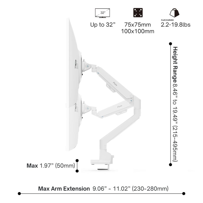 Pixio PS1S Wave White Single Monitor Arm Stand Desk Mount - Fits up to 32 inches Monitors and up to 19.8lbs. VESA Compatibility and Integrated Cable Management - Image 4
