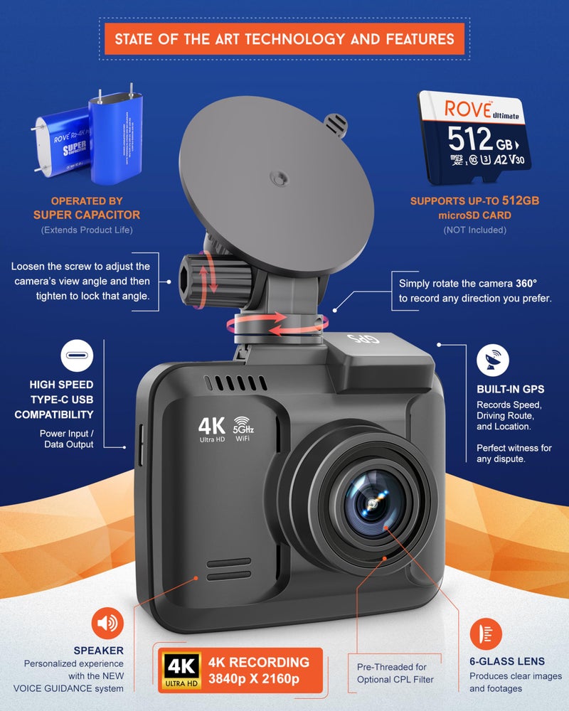 ROVE R2-4K PRO Dash Cam, Built-in GPS, 5G WiFi Dash Camera for Cars, 2160P UHD 30fps Dashcam with APP, 2.4" IPS Screen, Night Vision, WDR, 150Â° Wide Angle, 24-Hr Parking Mode, Supports 512GB Max - Image 3