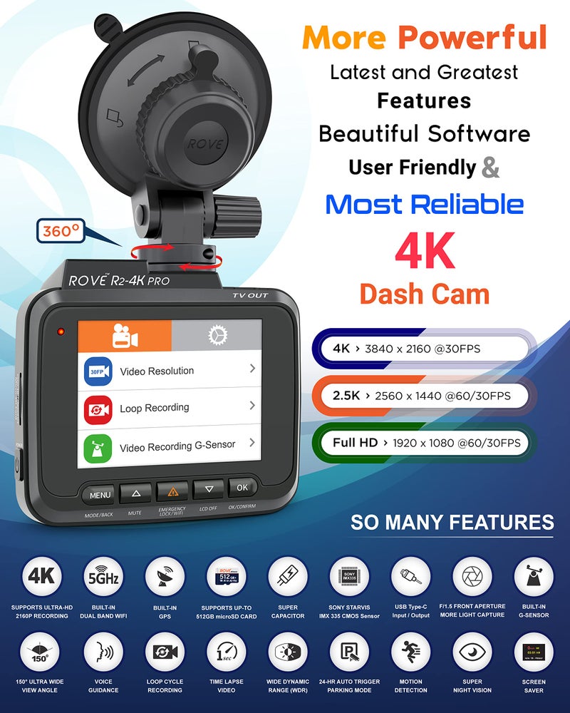 ROVE R2-4K PRO Dash Cam, Built-in GPS, 5G WiFi Dash Camera for Cars, 2160P UHD 30fps Dashcam with APP, 2.4" IPS Screen, Night Vision, WDR, 150Â° Wide Angle, 24-Hr Parking Mode, Supports 512GB Max - Image 2