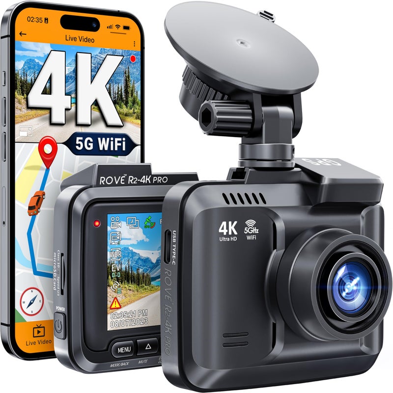 ROVE R2-4K PRO Dash Cam, Built-in GPS, 5G WiFi Dash Camera for Cars, 2160P UHD 30fps Dashcam with APP, 2.4" IPS Screen, Night Vision, WDR, 150Â° Wide Angle, 24-Hr Parking Mode, Supports 512GB Max - Image 1