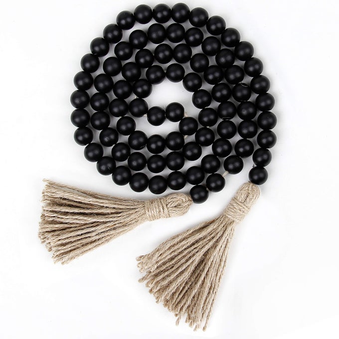 58IN WOOD BEAD GARLAND WITH TASSELS FARMHOUSE RUSTIC COUNTRY DECOR PRAYER BOHO WALL HANGING DECORATION BLACK