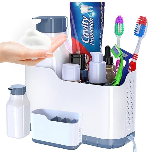 YAN & HIN Toothbrush Holders for bathrooms, Tooth Brush Holder, Soap Dispenser with Toothpaste and Toothbrush Organizers, 2 in 1 Bathroom Countertop Organizer Set - Image 1