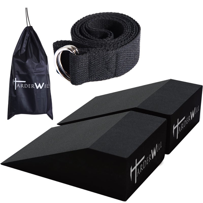 HarderWill 3 in 1 Yoga Foam Wedge Blocks (Pair), Calf Raise Block, Stretch Band Set, Calf Stretcher, Yoga Wrist Support, Balance, Pushup, Fitness, Pilates, Heel Stretcher, Squat Wedge with Gym Bag - Image 1