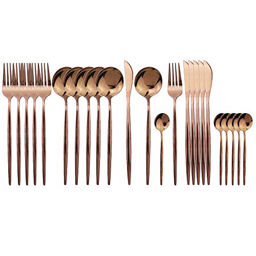 JASHII 24 Pieces 304 Stainless Steel Rose Cutlery Set Home Kitchen Silverware Set, Mirror Polished, Knife/Fork/Spoon, Modern Elegant Silverware Set for Party, Christmas - Image 1