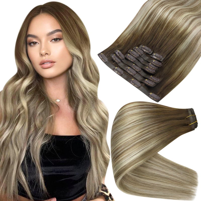 Full Shine Real Hair Extensions Clip in Human Hair Brown Balayage 22 Inch Ombre Brown to Light Blonde Mix Brown Human Hair Extension Clip ins for Long Natural Add Volume 8 PCS 120 G