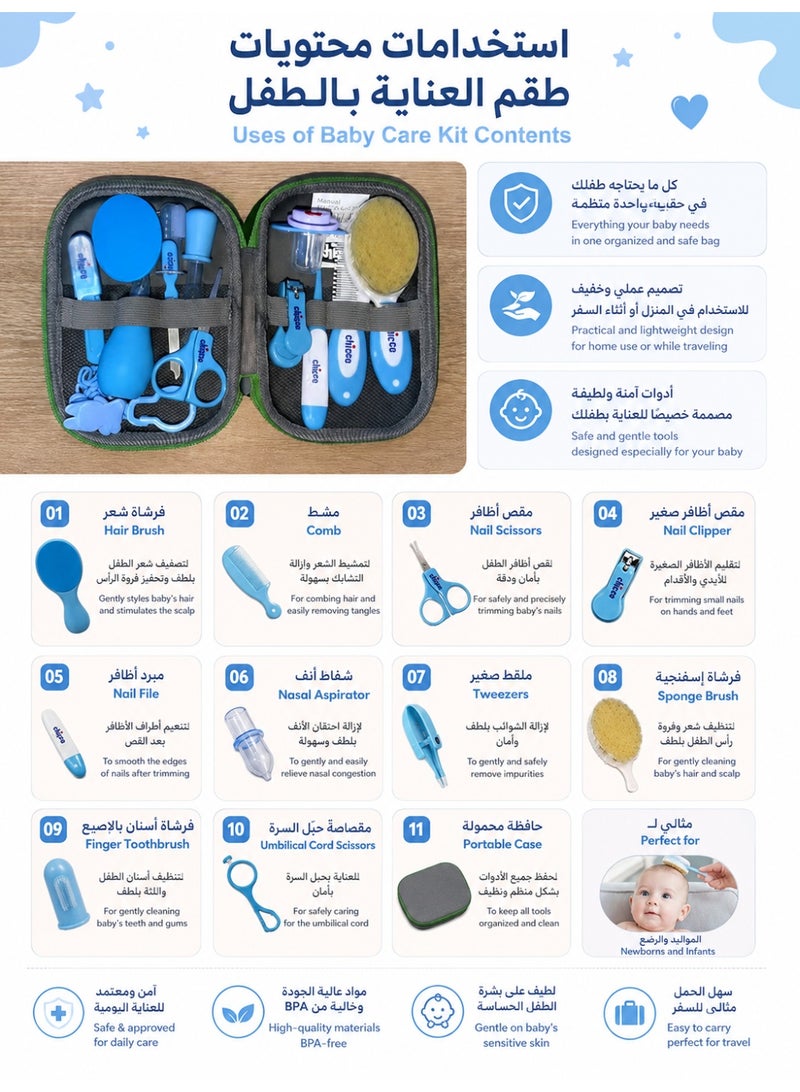 Chicco 13-Pcs Baby Grooming Kit for Newborn Boys - Blue Essential Health Care Set Includes Nail Clipper, Scissors, Brush, Comb & Nasal Aspirator. - Image 3