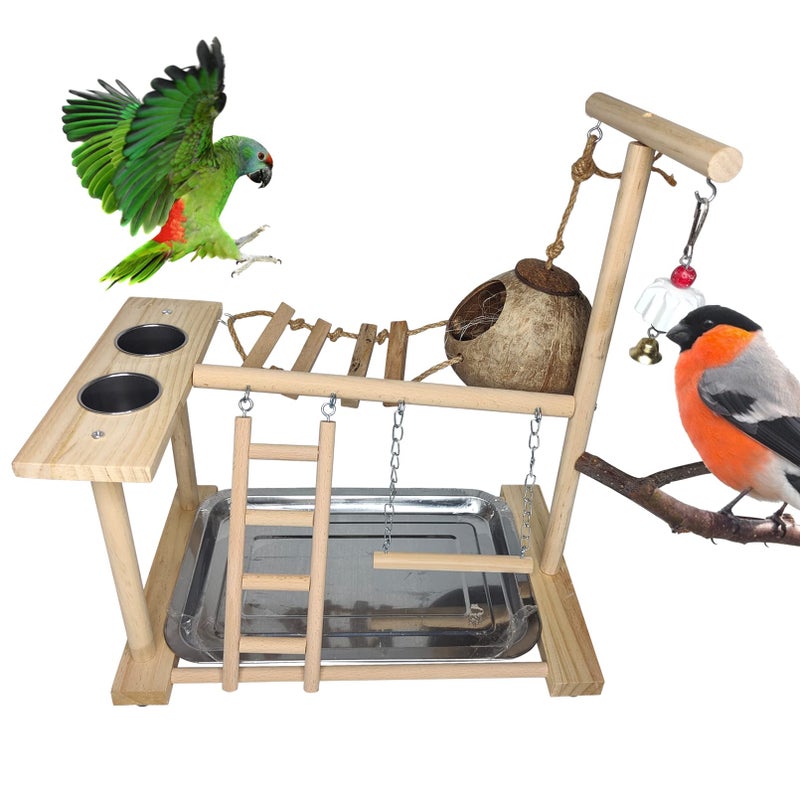 Parakeet Playground Bird Play Stand Natural Wood Perch Gym Parrots Nest Climb Swing Ladders with Feeder Cups Lovebirds Cage Accessories Toy Exercise Activity for Conure Cockatiel Lovebirds